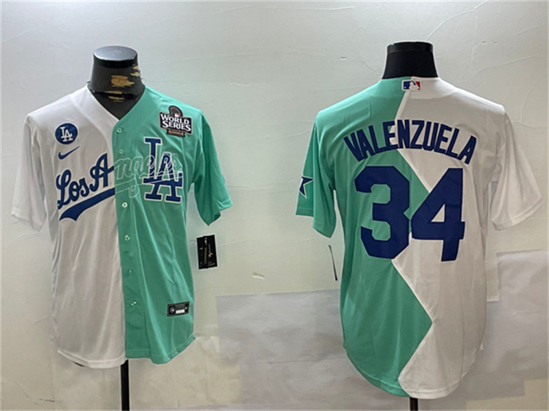 Men's Los Angeles Dodgers #34 Toro Valenzuela White/Green Split 2024 World Series All-Star Cool Base Stitched Baseball Jersey Men's Los Angeles Dodgers #34 Toro Valenzuela White/Green Split 2024 World Series All-Star Cool Base Stitched Baseball Jersey